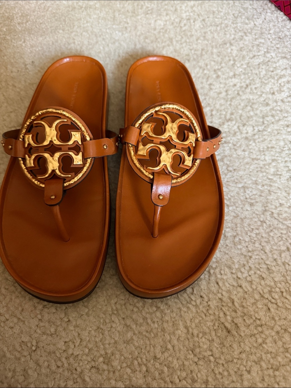 Tory Burch Cognac Brown Logo Thong Sandals with Gold Medallions